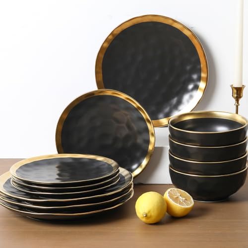 vicrays Ceramic Dinner Plates Set, 10 Inch, Set of 6, Round, Dishwasher Safe, NOT Microwave Safe, Suitable for Steak, Pasta, Home, Party, Restaurant（Black with Golden） - Image 6