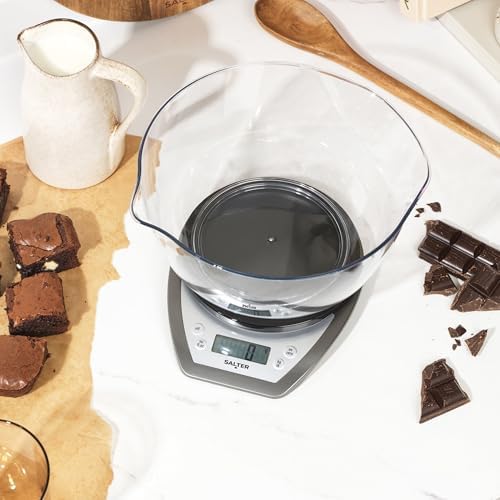 Salter 1024 SVDR14 Digital Kitchen Scale with Bowl- 2L Dishwasher Safe Mixing Bowl, Easy Dual Pour Wide & Narrow Spouts, Measure Liquids, Add & Weigh Function, Easy Read Display, 5kg Capacity, Silver - Image 4