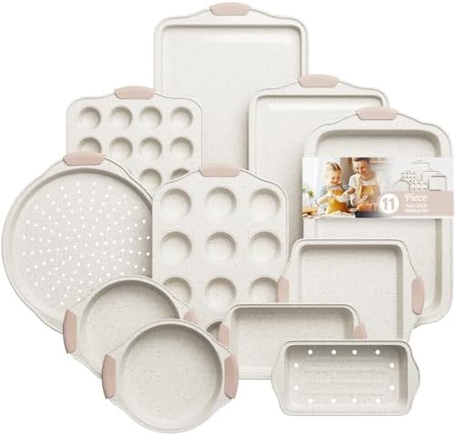 11-Piece Baking Pans Set Nonstick, Stackable Bakeware Set, White&Khaki by SlowSLog