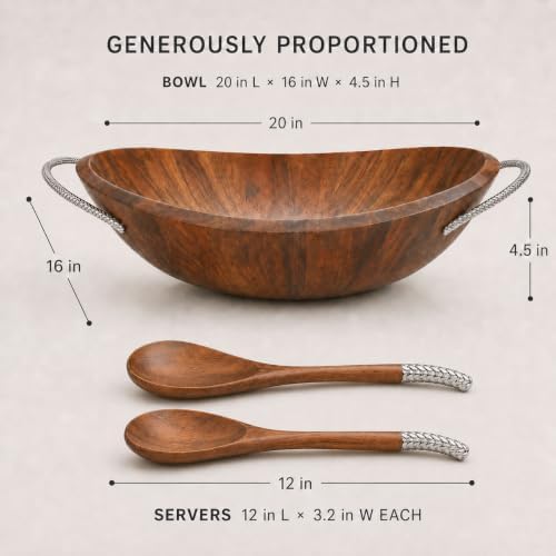 nambe Braid Salad Bowl with Servers | 3-Piece Set | Large Wooden Serving Bowl for Caesar Salad, Large Salads | Big Salad Bowl with Serving Utensils | Made of Chrome & Acacia Wood (20” L x 16” W) - Image 2