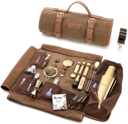 Barillio Bartender Kit Bag with Gold Cocktail Shaker Set - Waxed Canvas, Traveling Bar Tools Bag with 17-Pc Cocktail Kit - Travel Mixology Bartending Kits - Mobile Bar Roll with Strap & Accessories by Barillio