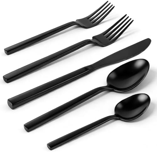 20pcs Matte Black Silverware Set, Cuboid Flatware Set Service for 4, Stainless Steel Cutlery Set, Dishwasher Safe by Unknown