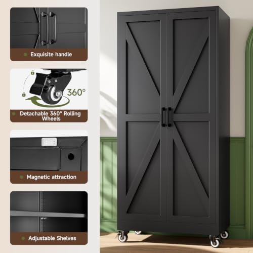 Letaya 75" Metal Garage Storage Cabinet with Wheels,Black Kitchen Pantry - Image 5