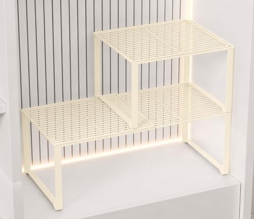Extendable Metal Wire Shelf Organizer - Adjustable 15-24.4in Length, Stackable Storage Rack for Kitchen/Pantry/Bathroom/Shoe Cabinet/Tool Closet (2, Cream) by HGZBS