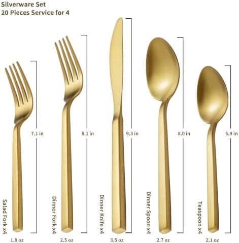 Alata Cube Gold 20-Piece Forged Stainless Steel Matte Flatware Set for 4 - Image 2