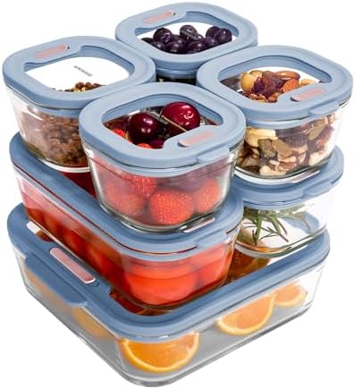7-Pack Glass Food Storage Containers with Tempered Lids – Borosilicate, Airtight, Oven-Safe (-4°F~950°F), BPA-Free, 1Cup*4 & 2.3Cup*2 & 5.7Cup*1(Light blue) by BOROHOUSE