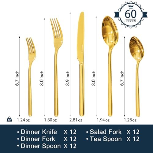 KINGSTONE Gold Silverware Set, 60 Piece Flatware Cutlery Set for 12, 18/10 Stainless Steel Silverware Mirror Polished Dishwasher Safe for Home, Restaurant, Wedding, Party(Gold, 60 pieces for 12) - Image 2