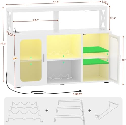 Aheaplus Bar Cabinet with Power Outlet, Liquor Cabinet with Led Lights and Glass Holders, Storage Buffet Cabinet Coffee Bar Cabinet for Liquor, Wine Cabinet with Racks for Home, Kitchen,-G2, White - Image 2
