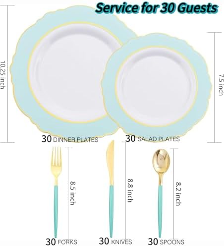 WDF 30Guest Mint Green Plastic Plates & Disposable Gold Silverware With Green Handle-Baroque Green &Gold Plastic Dinnerware for Wedding/Baby Shower/Summer Party - Image 3