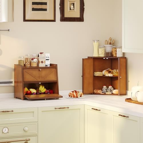 Trironsun Corner Bread Box for Kitchen Counter Double Layer Bamboo Bread Storage Container Large Capacity Bread Storage Bin Farmhouse Breadbox Organizer (Antique Brown) - Image 6