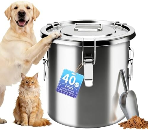 40 lb Stainless Steel Dog Food Storage Container, Airtight Metal Pet Food Storage Bin with Lid and Scoop, Large Dog Food Container for Dry Food, Keep Fresh, Easy to Clean by PawtyPets