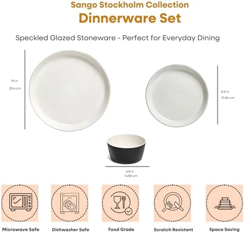 Sango 12-Piece Stoneware Dinnerware Set for 4, Modern White & Black Plates and Bowls Sets with Speckled Glaze, Durable Kitchen Ceramic Dish Set, Microwave & Dishwasher Safe Everyday Dishes, Stockholm - Image 2