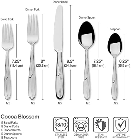 Mikasa Cocoa Blossom 65-Piece Flatware Set, Service for 12, 18/10 Stainless Steel Silverware with Teardrop Handles, Dishwasher Safe - Image 4