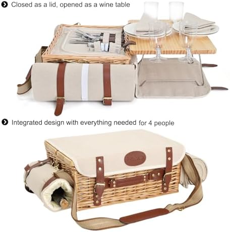Multifunctional Wicker Picnic Basket Set for 4 with Blanket and Picnic Table, Insulated Picnic Set with Full Tablewares for Camping Outdoor Couples,Natural - Image 2