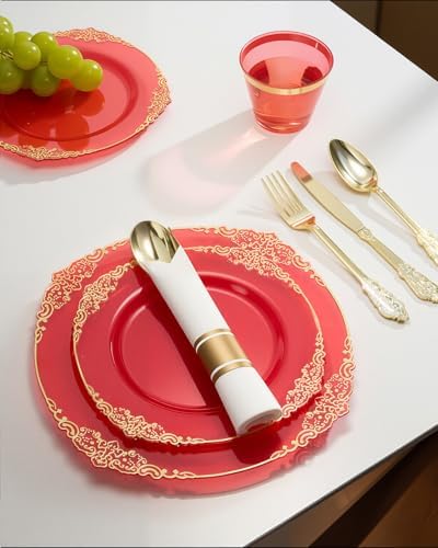 Goodluck 350 Piece Red Dinnerware Set for 50 Guests - Image 5