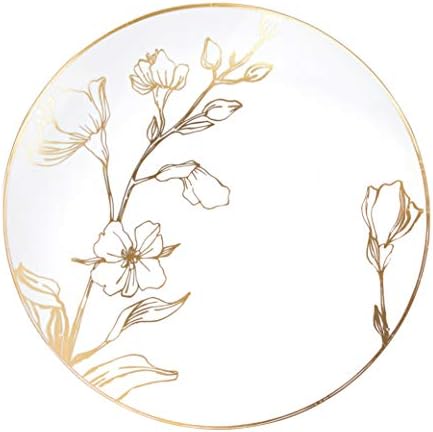 [7'' Plates 10 Count] White Plastic Floral Design Party Plates With Gold Rim Premium heavyweight Elegant Disposable Tableware Dishes by PLASTICPRO