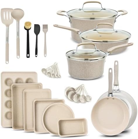 Pots and Pans Set, 23-Piece Non Stick Cookware & Bakeware Sets with Plaid Pattern, Stackable Design, Dishwasher Safe, Stain-resistant, Oven & All-Stove Safe, Tempered Glass Lid, White Marble by BAKK%C3%8BNMASTER