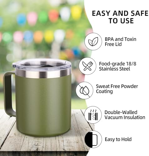 Volhoply 14oz Insulated Stainless Steel Coffee Mug with Lid Bulk 4 Pack,Double Wall Vacuum Travel Coffee Cup with Handle,Reusable Cups Tumbler,Camping Mugs Keep Hot,Ideal Gifts(Army Green,4) - Image 4