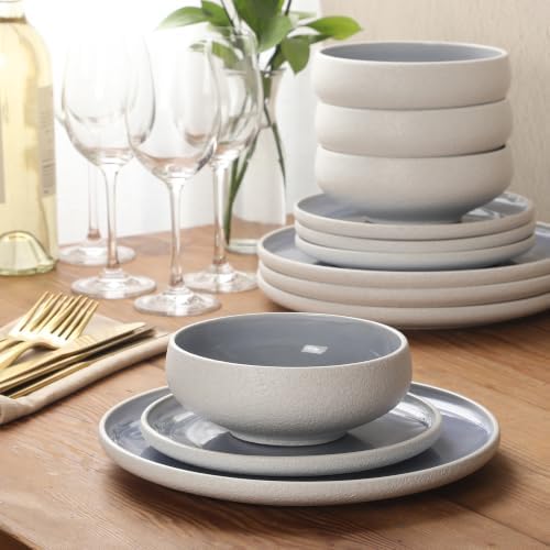 Gibson Elite Pacifco Beach Plates and Bowls Sets, 12-Piece Stoneware Dinnerware Sets, Reactive Glaze Dish Set - Blue - Image 6