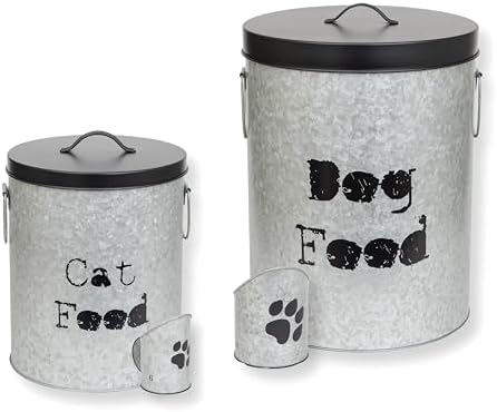 Large 60lb Dog & Medium 30lb Cat Pet Food Storage Canister with Scoop – Durable & Airtight for Freshnesss, Minimalist Design & Recyclable, Metal Container (Combo - Large Dog Bin & Med Cat Bin) by ThePetSteel