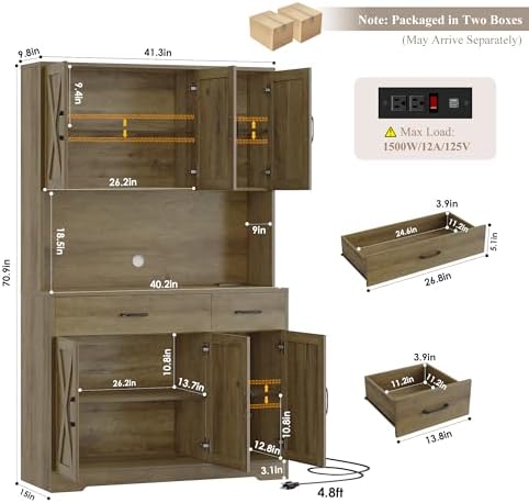 HOSTACK 71" Kitchen Pantry Storage Cabinet, Farmhouse Kitchen Hutch Cabinet - Image 3