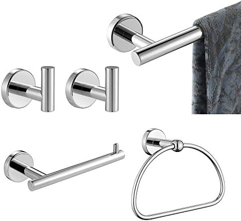 JQK Bathroom Hardware Set Chrome, 5-Piece Bath Accessories Set Polished Chrome Wall Mount Includes 24 in Towel Bar, 7 in Towel Ring, Toilet Paper Holder, 2 Towel Hooks, BAS165-CH by Homeimprovement