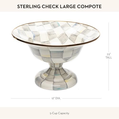 MACKENZIE-CHILDS Enamel Compote, Large, Gray-and-White Sterling Check - Image 4
