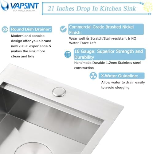 VAPSINT 21x20 Inch Drop In Kitchen Sink Workstation, 21 Inch Topmount Kitchen & Bar Sink 16 Gauge Stainless Steel Handmade Single Bowl Small Kitchen Sinks for RV Wet Prep with Accessories - Image 7