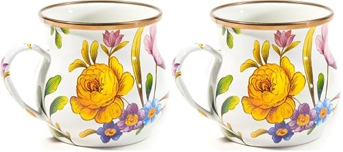 MACKENZIE-CHILDS Enamel Mug, Cute Enamelware Coffee and Tea Mug, Unique Drinkware, 16 Ounces, White Flower Market, Set of 1 (Pack of 2) by Unknown