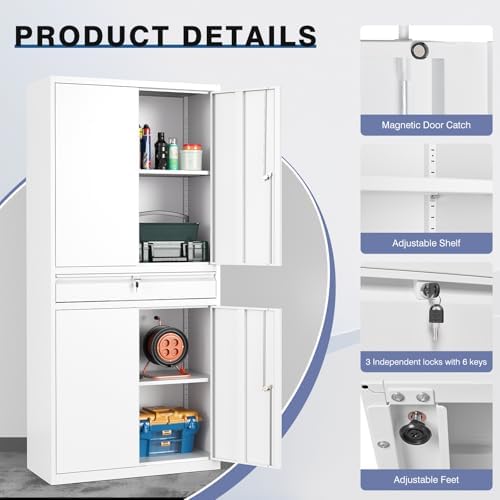 Metal Storage Cabinet,Tall File Cabinet with 2 Adjustable Shelves and Drawer,Lockable Steel Tool Cabinet for Home Office Garage School Warehouses - Image 4