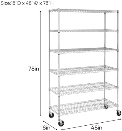 BestOffice | 6-Tier Wire Shelf with Wheels | 18" x 48" x 78" | Chrome - Image 3