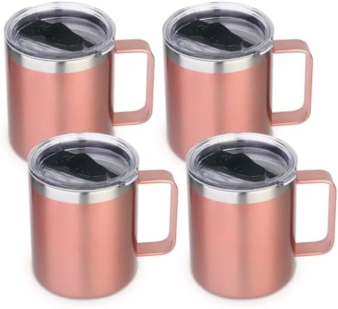 Volhoply 14oz Insulated Stainless Steel Coffee Mug with Lid Bulk 4 Pack,Double Wall Vacuum Travel Coffee Cup with Handle,Reusable Cups Tumbler Cup,Camping Mugs Keep Hot,Ideal Gifts(Rose Gold,4) by LiveFully%EF%BC%8CDrinkFreely%E2%80%94KeepGoingwithVolhoply%EF%BC%81