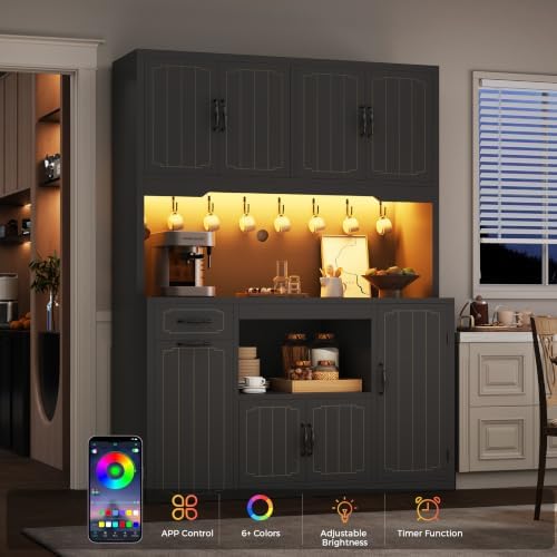 Fluted Kitchen Pantry Cabinet with Charging Station & LED Light, 47" Wide Kitchen Pantry Storage Cabinet with Countertop, Microwave & Appliance Storage, Food Pantry Cabinet for Dining Room ,Black - Image 6