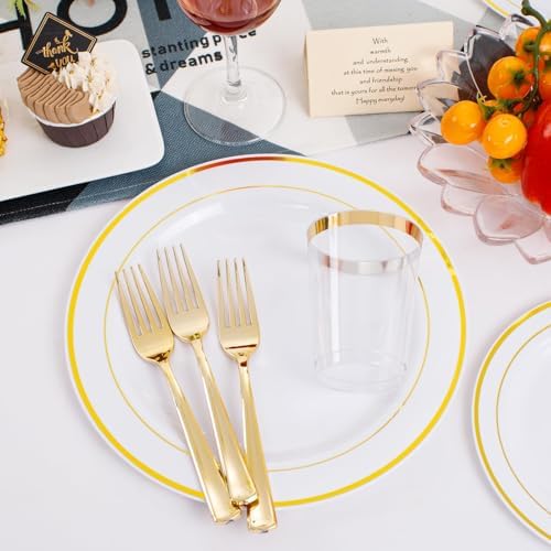 350 Pieces White and Gold Plastic Plates - 50 Guest Dinnerware Set Include 100 Plates, 50 Gold Plastic Silverware, 50 Paper Napkins and 50 Cups for Wedding/Baby Shower/Birthday/Party - Image 6