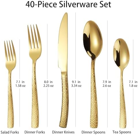 Hammered Gold Silverware Set With Gift Box For 8 Cutlery Set Utensils Stainless Steel Flatware 40 Pieces MIKIWAY Luxury Kitchen Tableware Set For Gifts Festive, Dishwasher Safe, Mirror Polishing - Image 2