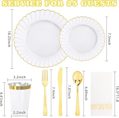 YOUBET 175PCS White and Gold Scalloped Plastic Plates for Party Wedding - Image 2