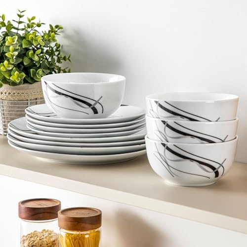 VEWEET Porcelain Dinnerware Sets for 4, 12 Piece Plates Bowls Set, FIONA - Image 6