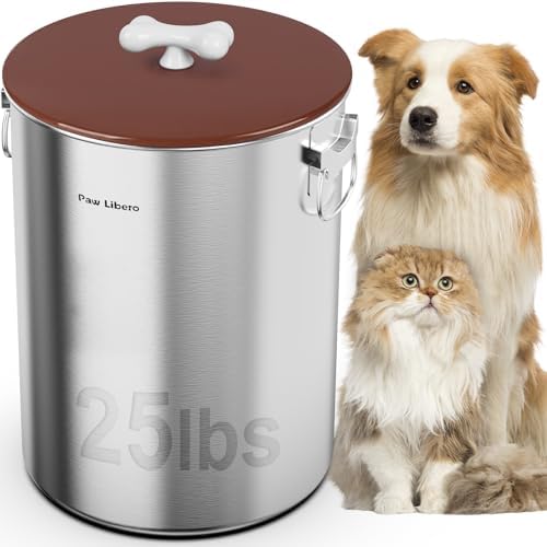 Paw Libero 25 Lbs Stainless Steel Dog Food Storage Container with Airtight Lid & Ceramic Bone Handle, Large Metal Dog Food Bin for Dogs & Cats, Keep Fresh, Easy to Clean by PawLibero