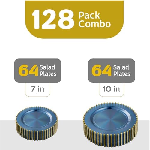 PLASTICPRO 128 Piece Combo Plastic Dinner Plates Disposable Plastic Fancy Heavy Duty Party Dishes 7 inch and 10 inch, Translucent Blue and Gold Beaded - Image 4