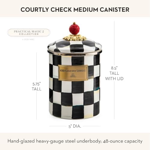 MACKENZIE-CHILDS Enamel Canister, Medium, Black-and-White Courtly Check - Image 4