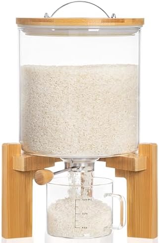 HBlife 8-10 Lbs Glass Rice Dispenser with Wooden Stand Flour and Cereal Container with Glass Measuring Cup Pantry Food Organization Storage Bin with Airtight Bamboo Lid, 5L by HBlife