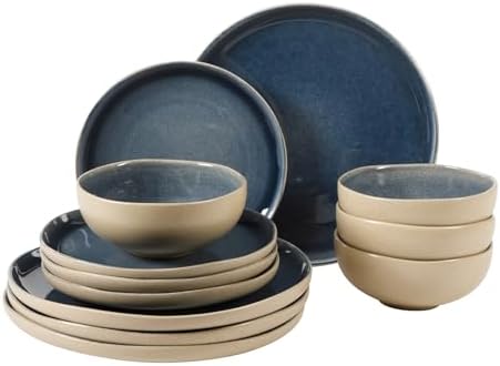 Gibson Elite Manila Bay 12-Piece Stoneware Dinnerware Set, Service for 4, Reactive Glaze Modern Artisan Plates, Bowls & Mugs, Blue, Round Design by GibsonHomewares