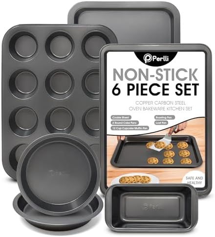 PERLLI Non-Stick 6-Piece Bakeware Set – Carbon Steel with Even Heat Distribution, Oven Safe to 446°F, BPA-Free, Dishwasher Safe, Stackable Baking Tools for Easy Storage and Everyday Cooking - Gray by PERLLI