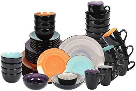 HomeVss, Stoneware Sonoma Dinnerware Set, Black + Speckled Spin Wash (56pc Set, Mix Grey, Orange, Purple, Turquoise) - Image 2