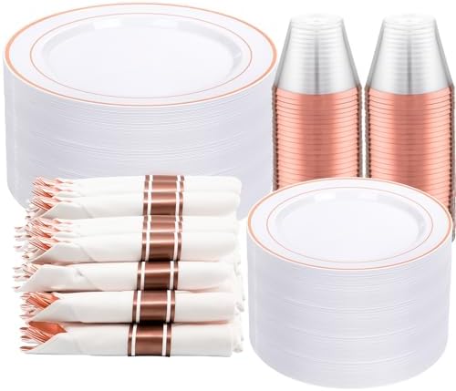 DaYammi 350PCS Rose Gold Plastic Dinnerware Set for 50 Guests, Plastic Plates for Party Include: 50 Dinner Plates, 50 Dessert plates,50 Pre Rolled Napkins with Rose Gold Silverware,50 Cups for Wedding by DaYammiwillaccompanyyou
