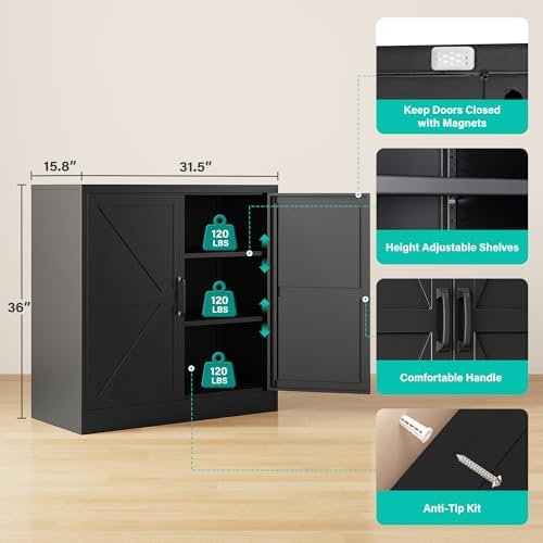 Black Storage Cabinet with Doors and Adjustable Shelves,36" Tall Farmhouse Food Pantry Cabinets,Small Sideboard Cabinet,Short Metal Storage Cabinets for Home Kitchen,Dining/Living/Laundry/Room - Image 3