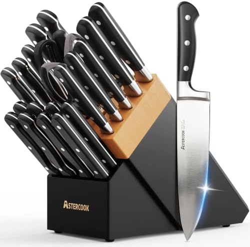 Knife Set,Astercook Kitchen Knife Set with Block 22-Piece Full Tang Stainless Steel Knives with Sharpener Dishwasher Safe and Anti-Slip Ergonomic Handle Elegant Black Utensils Set by Astercook