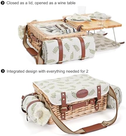 Multifunctional Wicker Picnic Basket Set for 2 with Blanket and Picnic Table, Insulated Picnic Set with Full Tablewares for Camping Outdoor Couples,Leaf - Image 2