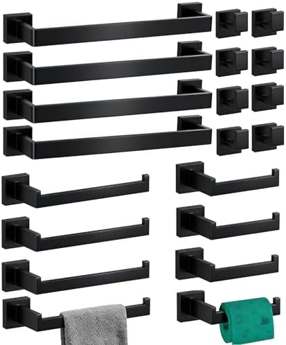 20-Pieces Bathroom Hardware Set Matte Black Bathroom Accessories Set SUS304 Towel Bar Set Includes 4 Towel Bar 16 Inch+4 Towel Holder+4 Toilet Paper Holder+8 Towel Hooks (20, Matte Black) by TAUN