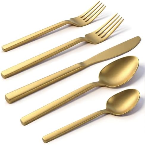 20pcs Matte Gold Cuboid Silverware, Stainless Steel Flatware Set, Service for 4, Forged Cutlery Set, Dishwasher Safe by Unknown